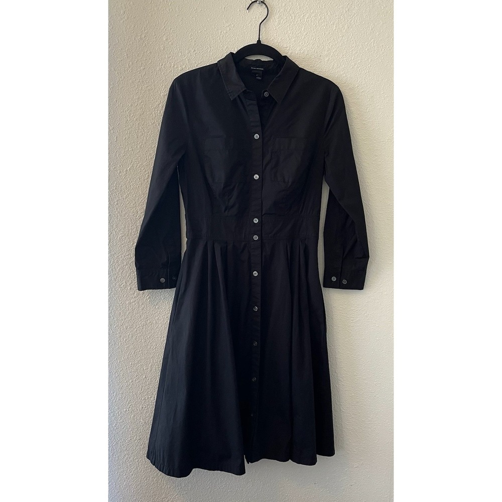 Club Monaco Women's Shirtdress Size 2 Black Fitted Waist Button Down Classic